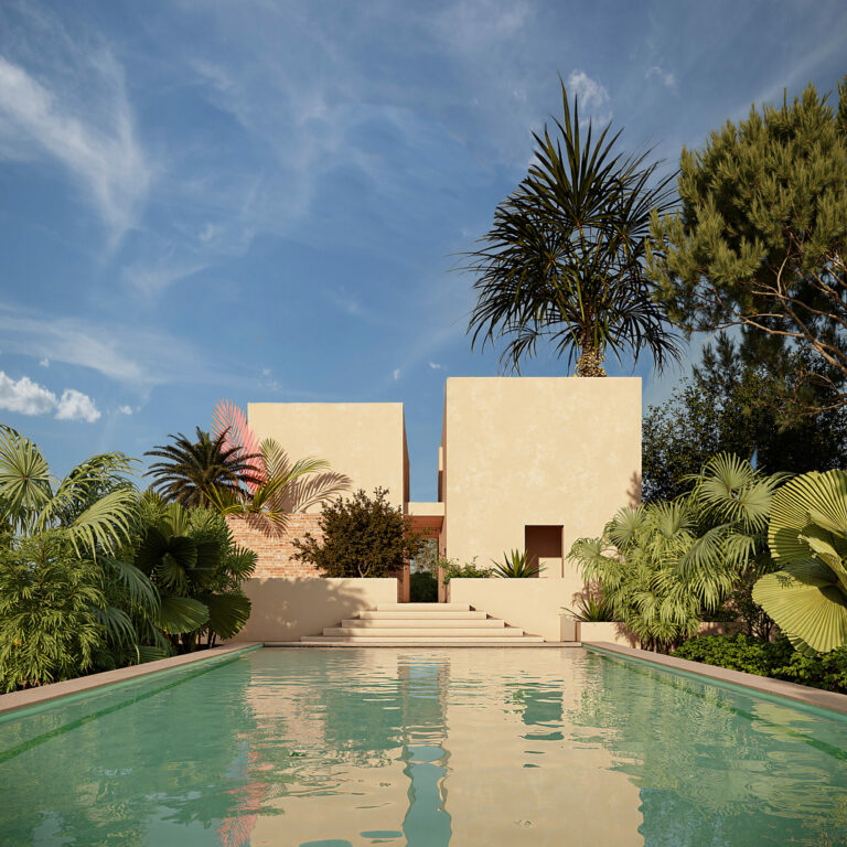 Minimalist villa with a mediterranean style. Sunny day and tropical vegetation