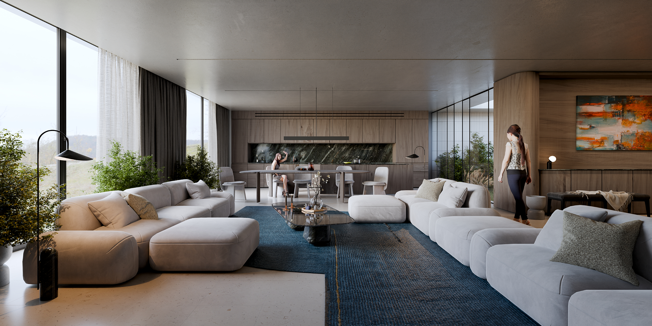 Modern cozy living room with moder and minimal furniture. Soft light and overcast wheather